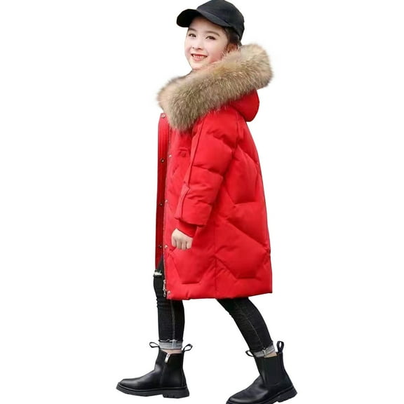 Otqutp Girl's Puffer Jacket Kids Long Winter Coats Knee Length Parka Warm Fleece Lined Snow Outerwear with Faux Fu𝗿 Hood