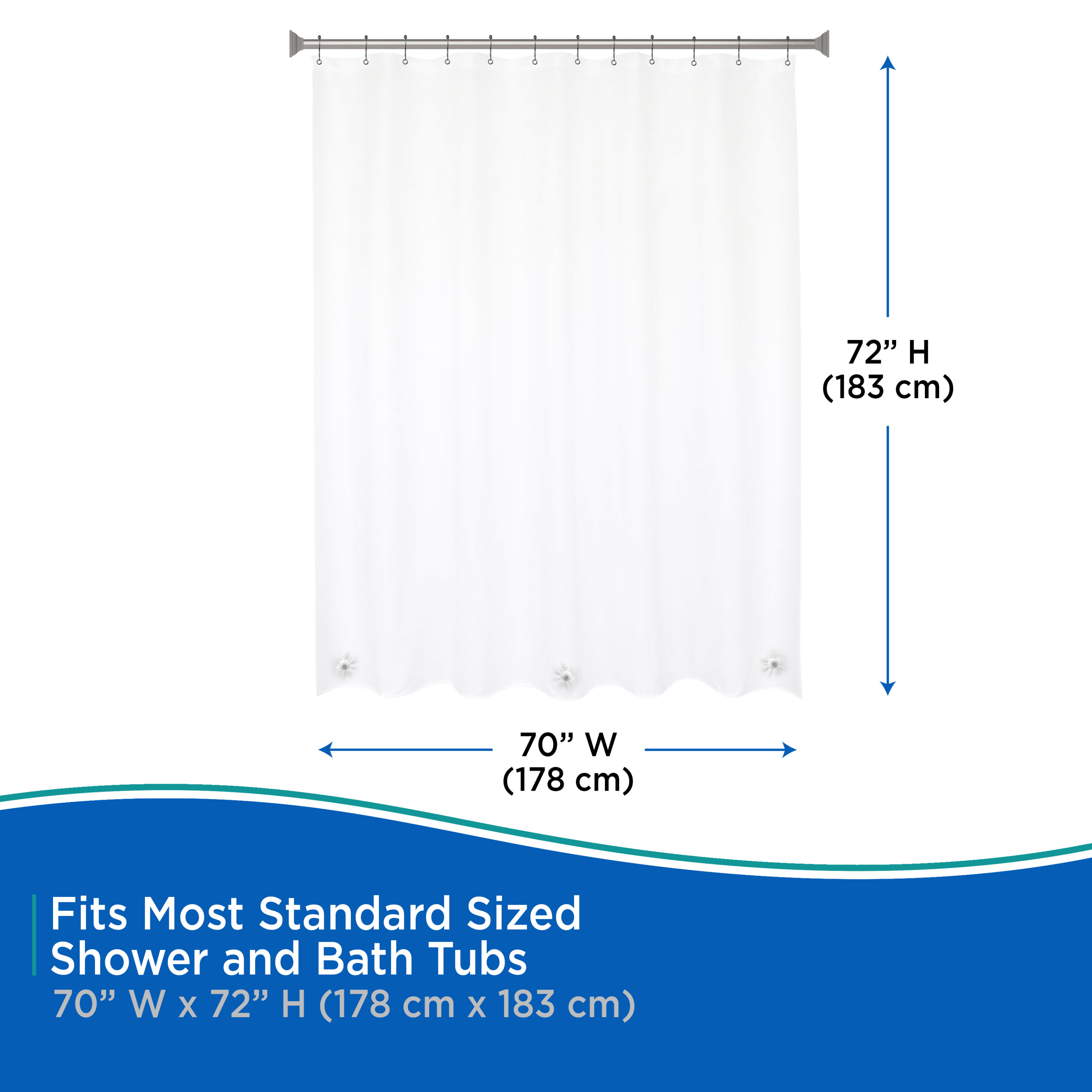 Kenney Medium Weight PEVA Shower Curtain Liner with Pockets, 70" W x 72" H, White
