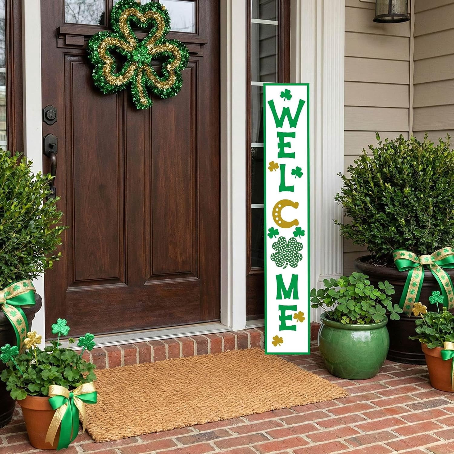 St Patricks Day Porch Sign, 47"H Wooden Saint Patrick's Tall Leaner Vertical Welcome Sign for Front Door Standing Decor, Irish March Outdoor Yard Decorations for Home