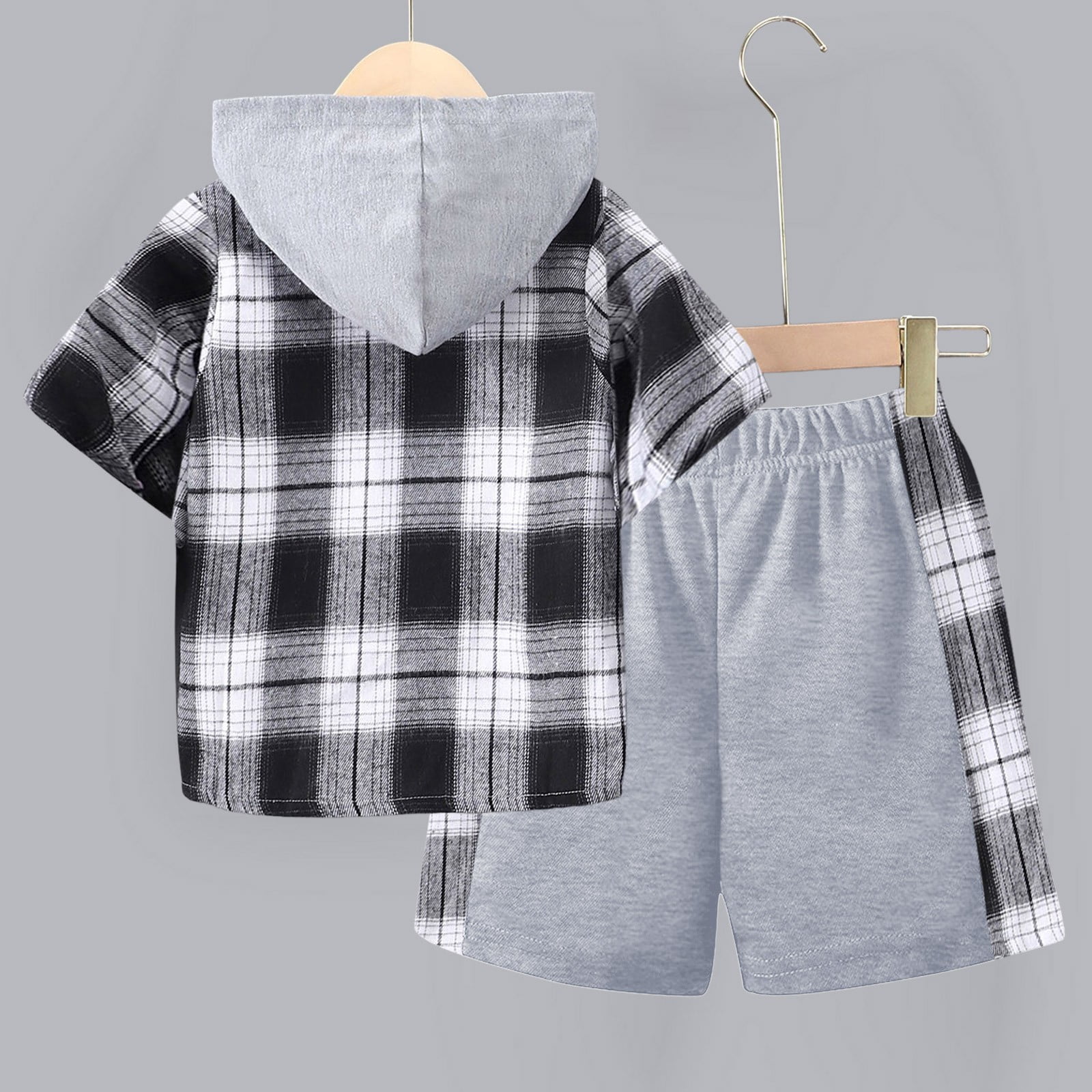 newwalpole Boys Clothes Size 7 Size 8 Kids Tween Boy Clothes Casual Plaid Hooded Shirt 2 Piece Outfit Button Front Toddler Hoodie Sweatpants Set Black for Size 8-9 Years