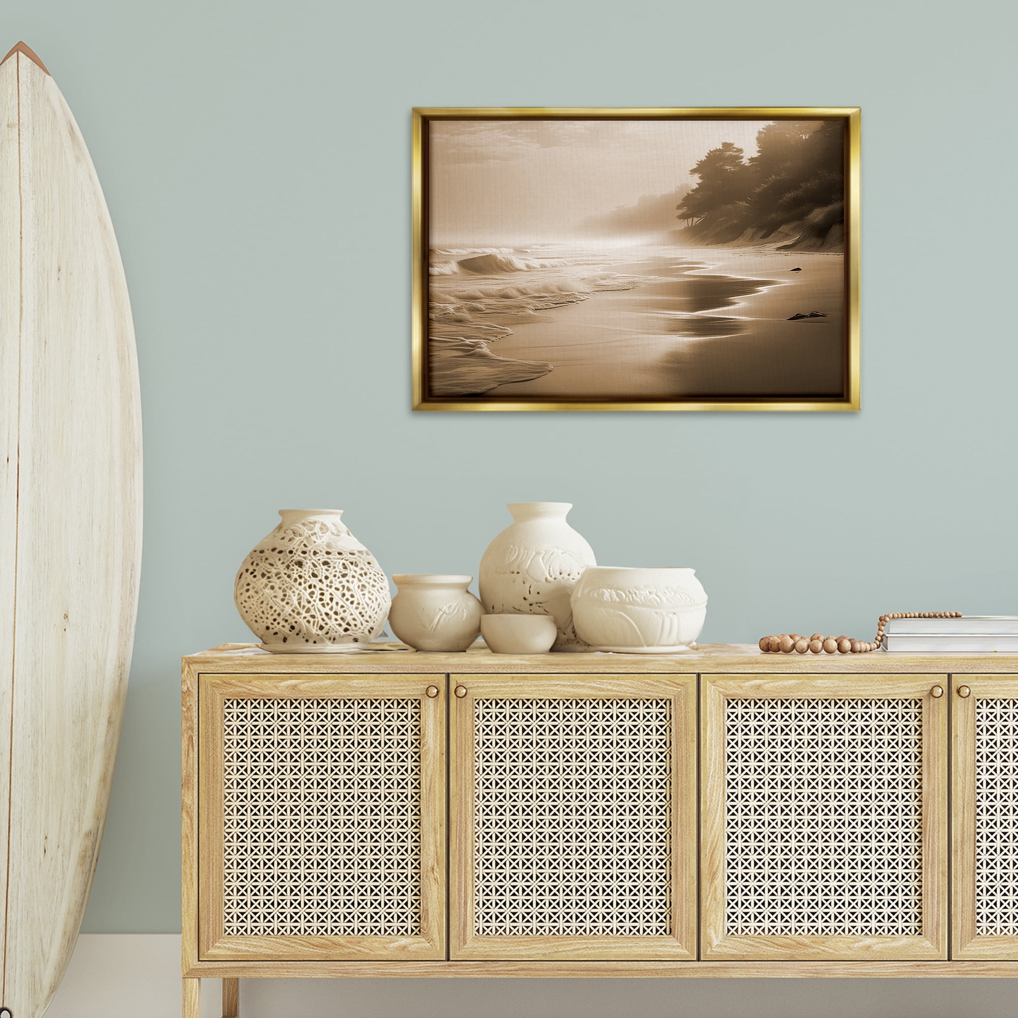 Stupell Industries Sepia Smooth Beach Landscape Landscape & Nature Photography Gold Floater Framed Canvas Art Print Wall Art, 31 x 21