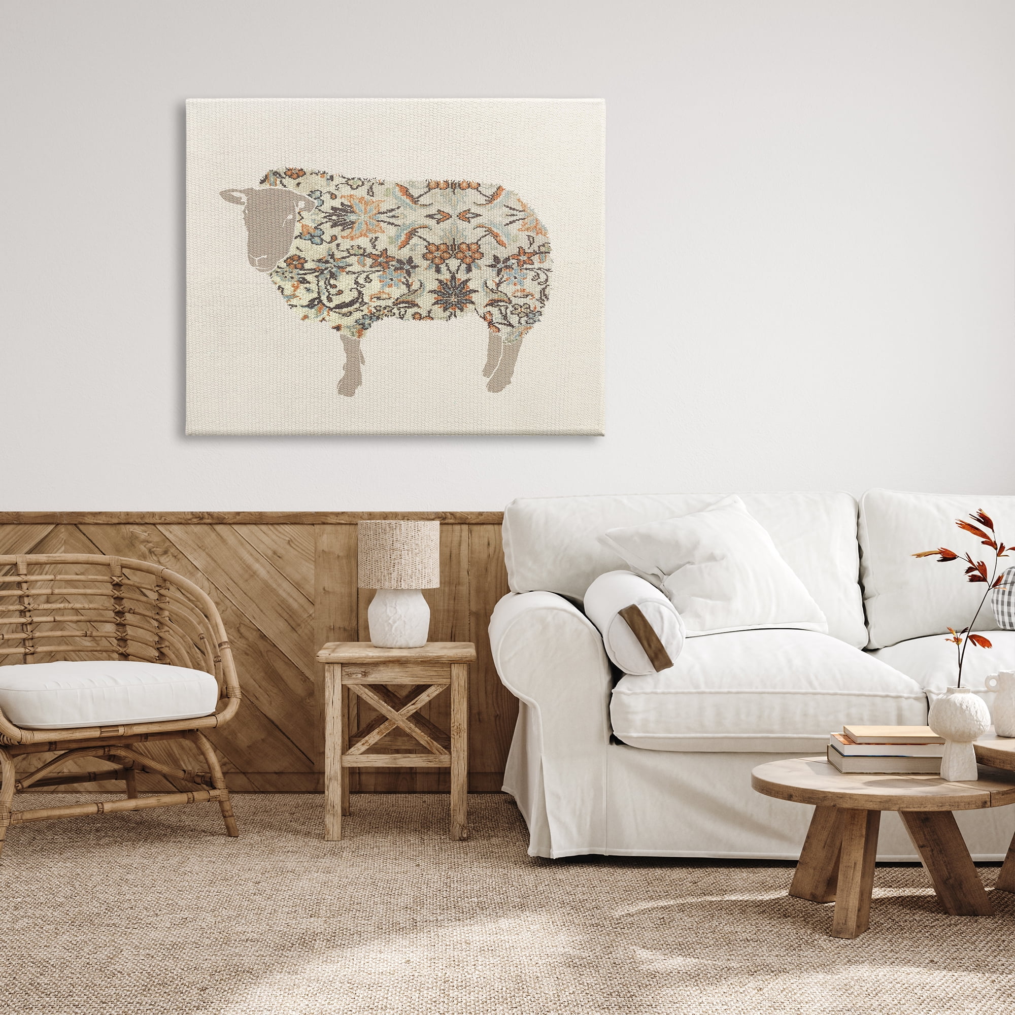 Stupell Industries Traditional Floral Pattern Sheep Animals & Insects Painting Gallery Wrapped Canvas Print Wall Art, 48 x 36