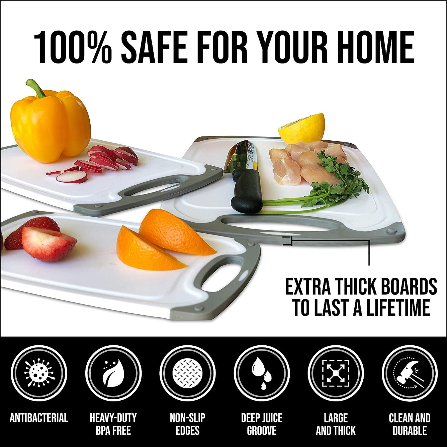 Lowestbest 3Pcs Kitchen Cutting Board, Plastic Non-porous Juice Grooves Cutting Boards, White Lowestbest 3Pcs Kitchen Cutting Board, Plastic Non-porous Juice Grooves Cutting Boards, White