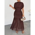 thumbnail image 3 of Brown Plus Size Elegant Sheer Mesh Ruched Maxi Dress With Cowl Neck And Puff Sleeves, 3 of 8