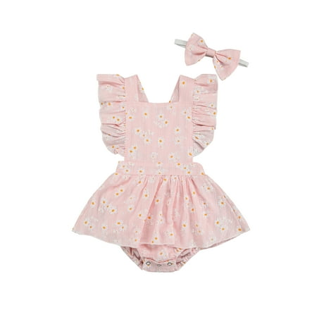 

Binpure Baby Romper with Headband Daisy Print Square Collar Ruffle Fly Sleeve Bodysuit+ Hairband