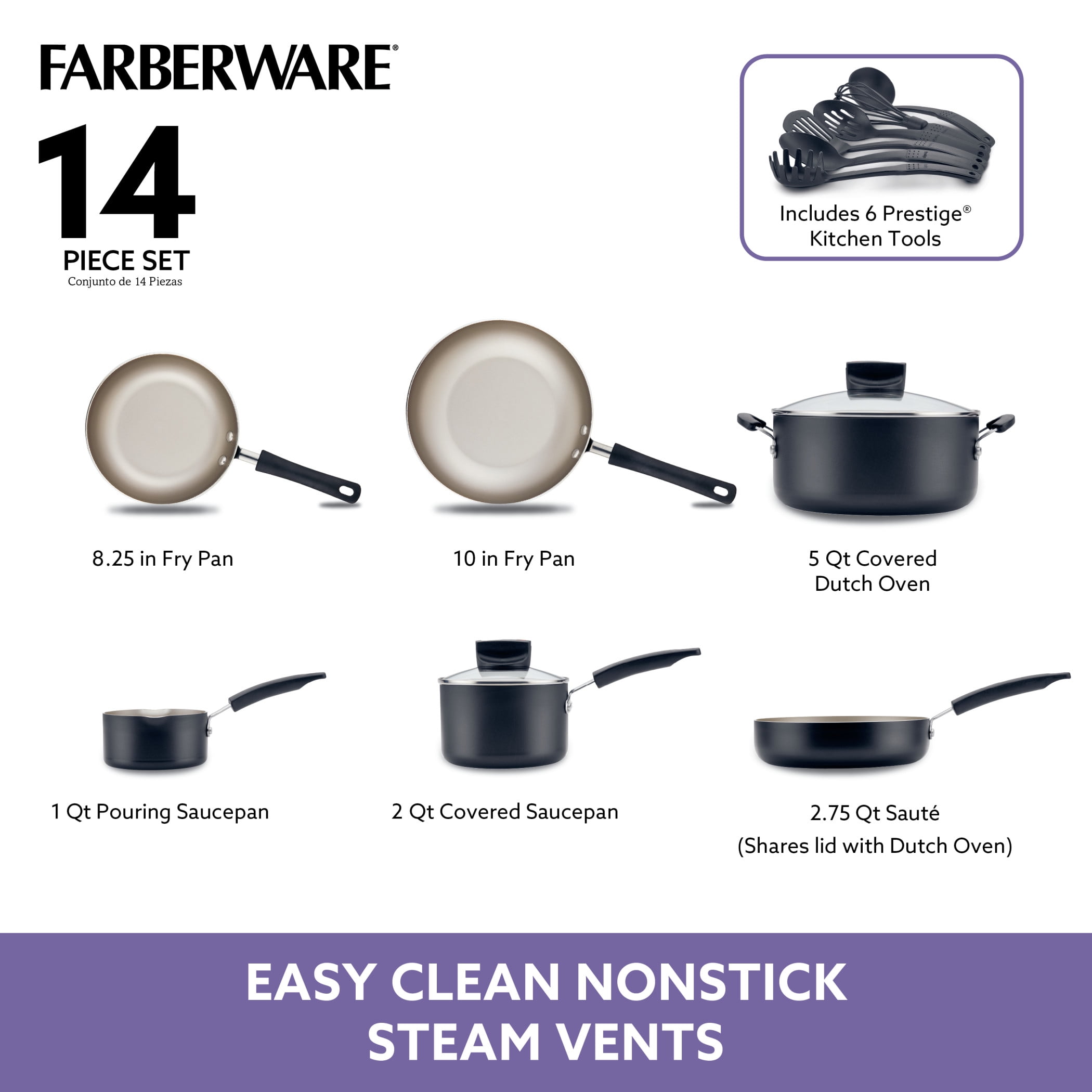 Farberware 14-Piece Black Smart Control Aluminum Nonstick Cookware Set -  22397