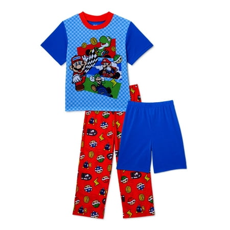 Mario Boys Super Soft Short Sleeve Top, Long Pants & Shorts, 3-Piece Pajama Set, Sizes (Top Ten Best Mario Games)