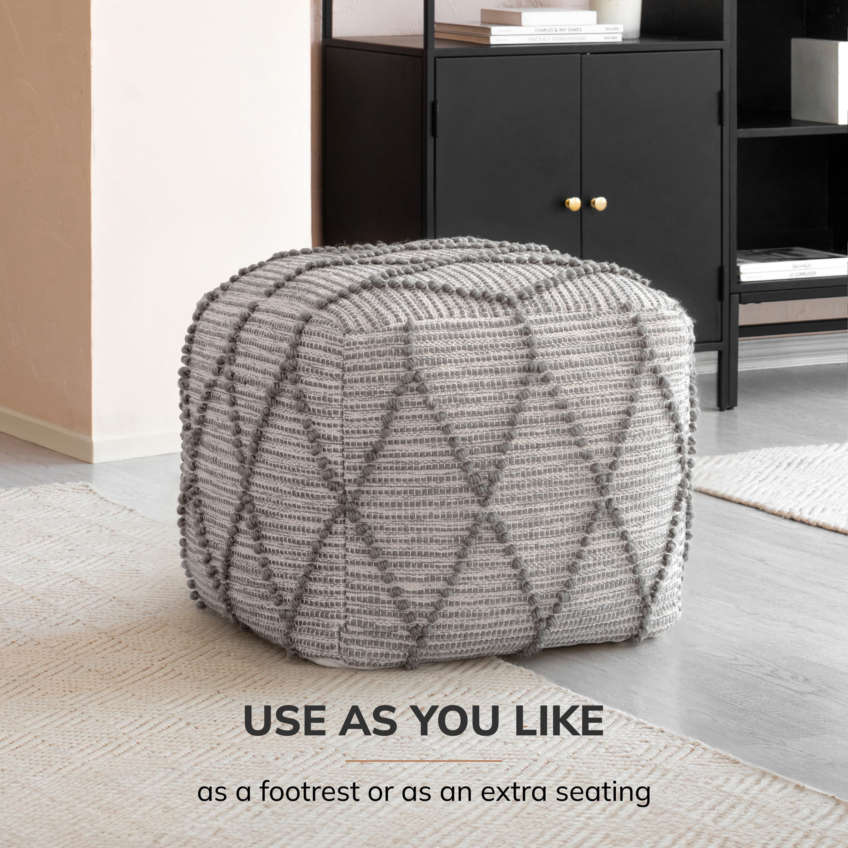 Anji Mountain Pouf Ottoman Foot Rest, Handmade Ottoman Pouf, Comfortable Foot Stool, Decorative Floor Seating for Living Room Decor, Bedroom & Home Décor Accent - Warm Gray