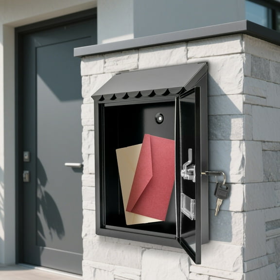 Peakora Wall-Mount Mailbox Drop Galvanized Steel Rust-Proof Mailboxes with Key Lock Wall Hanging Mail Box Newspaper Holder Box for Gate Outside House Decor Black