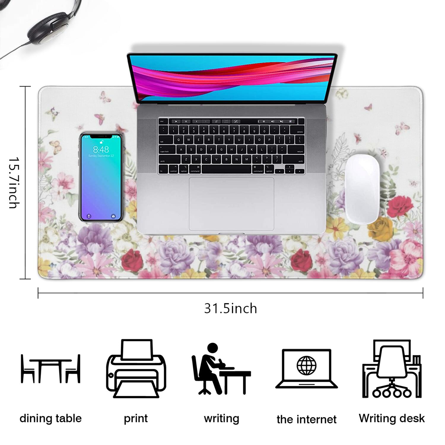 Long Mouse Pads for Desk,Pioneer Flower Floral Print Pattern Desk Mats on Top Of Desks, Desk Mouse Pad Extra Large with 3mm Non-Slip Base and Stitched Edge for Gaming,Office,Work,Home 31.5"x15.7"