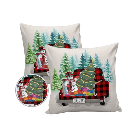 Pack of 2 Outdoor Pillow Covers, Christmas Red Plaid Truck Snowman Xmas Tree Waterproof Square Throw Pillowcase Cushion Decorative Pillow Covers for Couch Patio Tent, 16x16 in