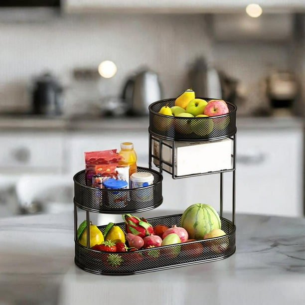 Cesta De Almacenaje De Frutas De 2 Niveles - Estante Para Encimera, Frutero Metálico Negro, Moderno Y Anticorrosión
