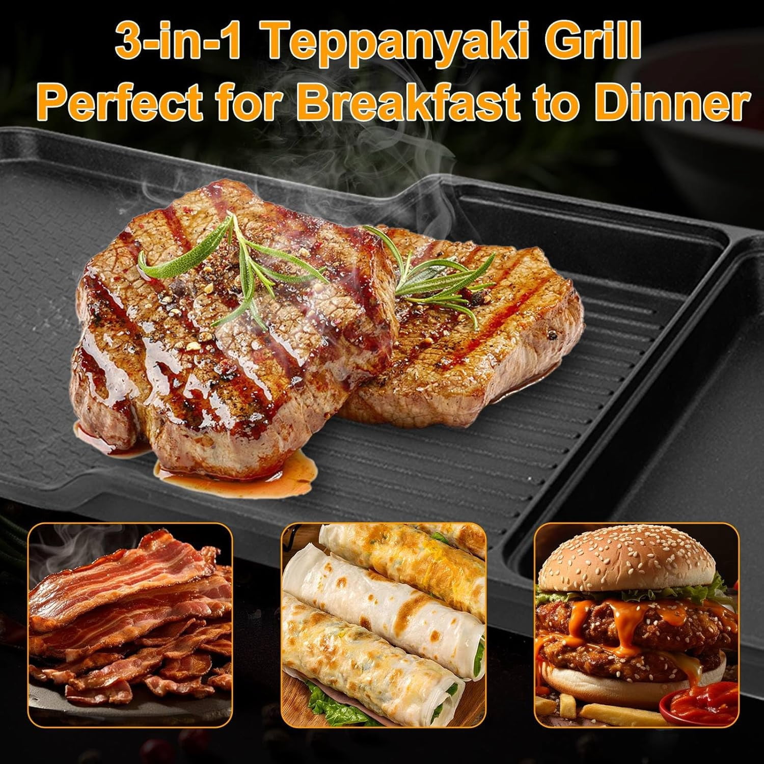 3-in-1 Electric Nonstick Griddle Grill 1800W, Teppanyaki Grill with Removable Temperature Control & Drip Tray for Pancakes Burgers Eggs, 22"x 10.5"