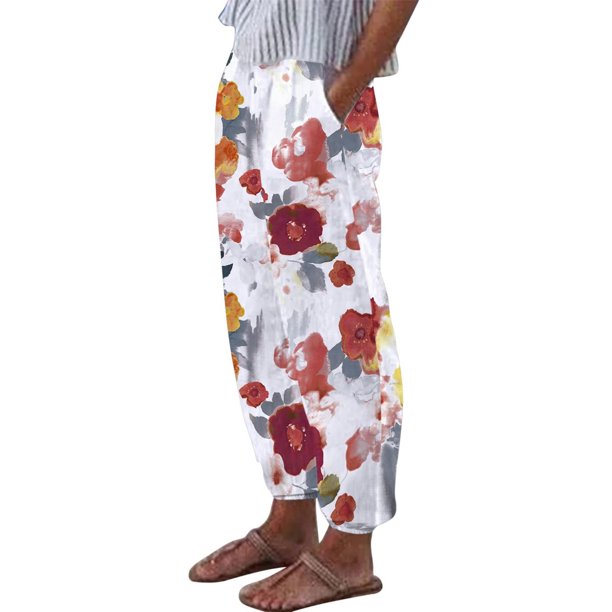 Pantalones de verano para mujer, informales, cómodos, con bolsillo suelto, con estampado floral Pompotops ulkah939800