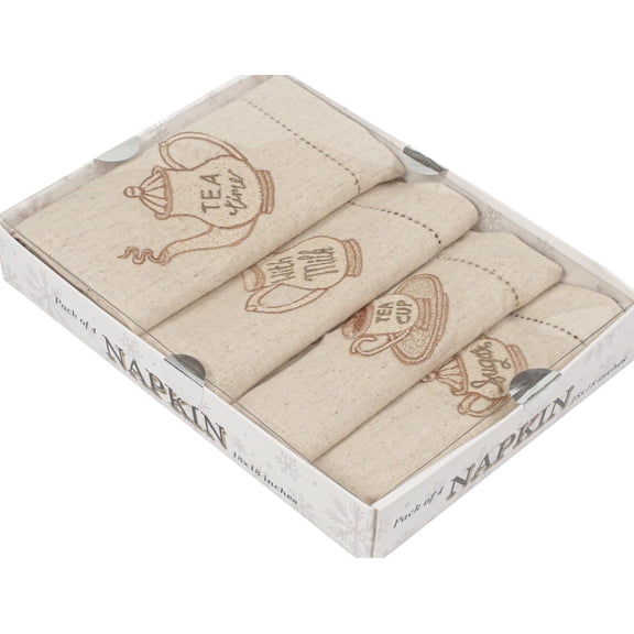 Set of 4 Linen Cotton Cloth Dinner Napkins– 18x18", Natural with Embroidery