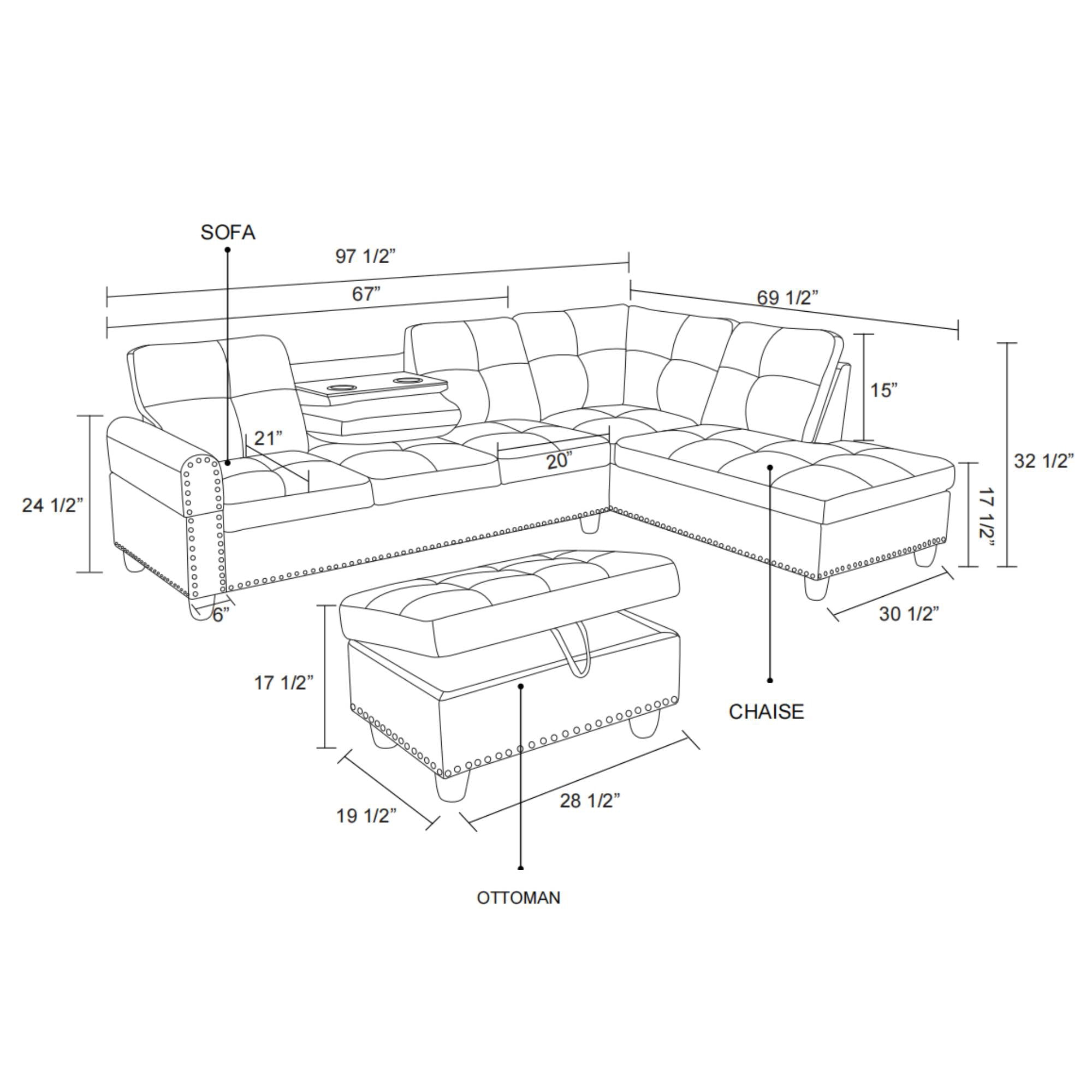 L Shaped Couch Modern Sectional Sofa with Right Chaise & Ottoman Modular Leather Sofa Couch Set for Living Room, Black