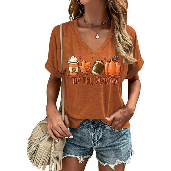 Freaswind Fall V Neck T-Shirt Funny Halloween Thanksgiving Graphic Tee Casual Family Halloween Costume Tops