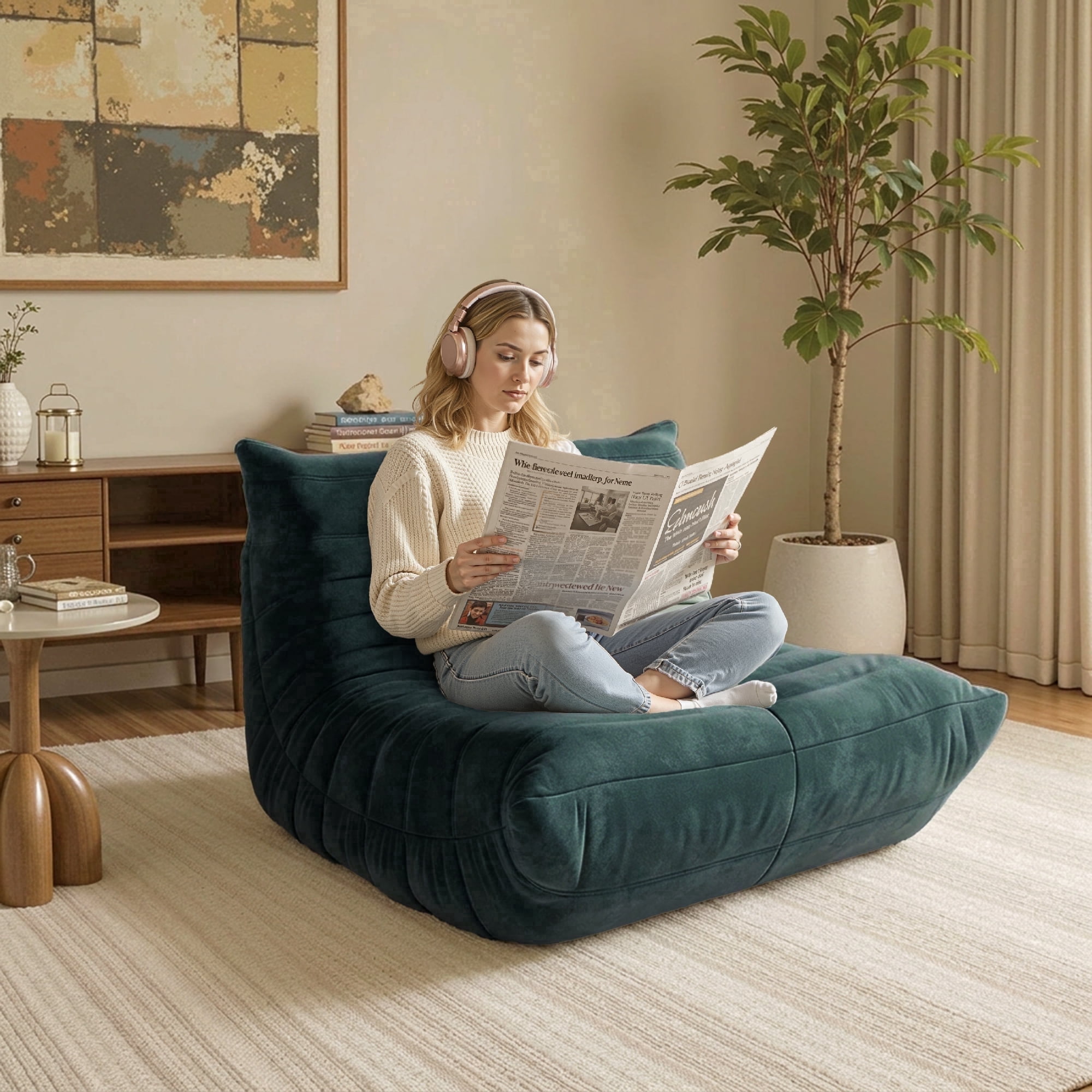 LineCrispton Memory Foam Bean Bag Chair for Adults, Luxury Fabric Compressed Sofa in a Box, Dark Green, Single