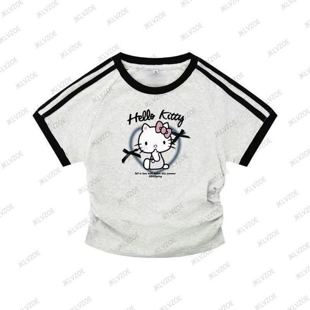 MINISO Sanrio-camisetas de manga corta Kawaii para niños y adultos, Camiseta de algodón con estampado de dibujos animados de Anime, cuello redondo informal