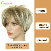 QUEENTAS Short Blonde Wigs for Women Pixie Cut Wig Layered Blonde Glueless Wig with Bangs Synthetic Hair Wig Cap