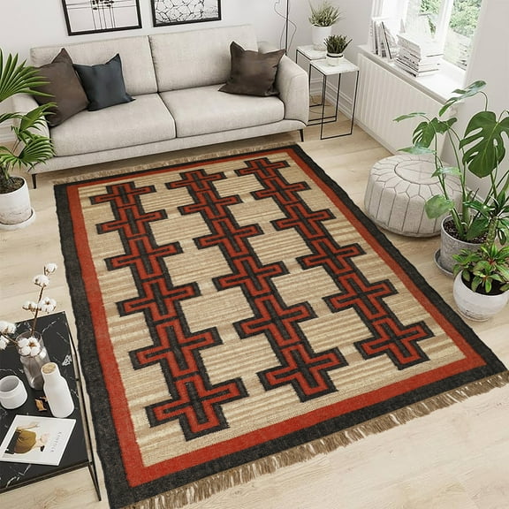 Kilim Wool Jute Rug – Handwoven Southwestern Area Rug with Tribal Geometric Pattern & Fringe 3 X 5 FEET