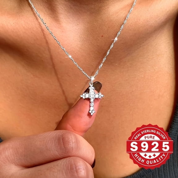 925 Sterling Silver Synthetic Zirconia Cross Pendant Necklace – Elegant & Luxurious Hypoallergenic Wave Chain, Perfect Gift for Women on Mother's Day