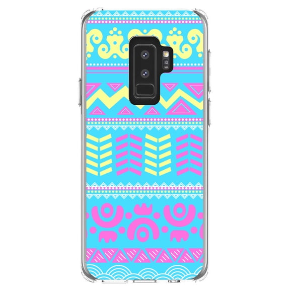 DistinctInk Clear Shockproof Hybrid Case for Samsung Galaxy S9  PLUS (6.2" Screen) - TPU Bumper, Acrylic Back, Tempered Glass Screen Protector - Yellow Pink Blue Aztec Tribal