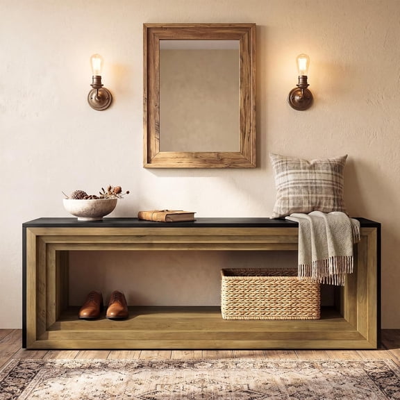 Finmind 63" Long Entryway Bench with Shoe Storage, 2-Tier Farmhouse Wooden Bench for Hallway, End of Bed, Living Room, Black & Brown