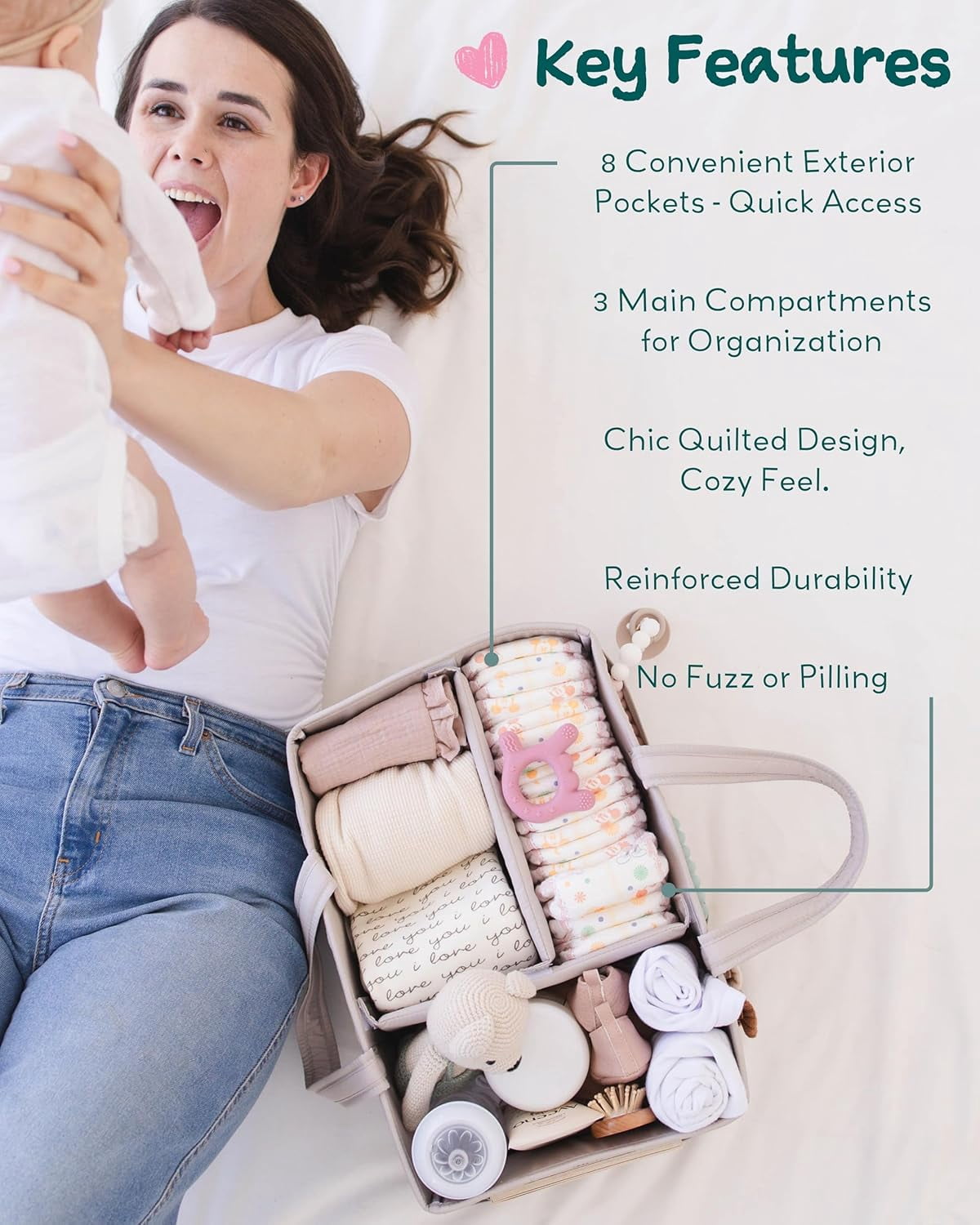 Lily Miles Baby Diaper Caddy Organizer, Quilted Nursery Storage Organizer for Newborn Essentials and Diaper Changing Station, Gift for Baby Shower and Registry Must-Have (Soft Sand)