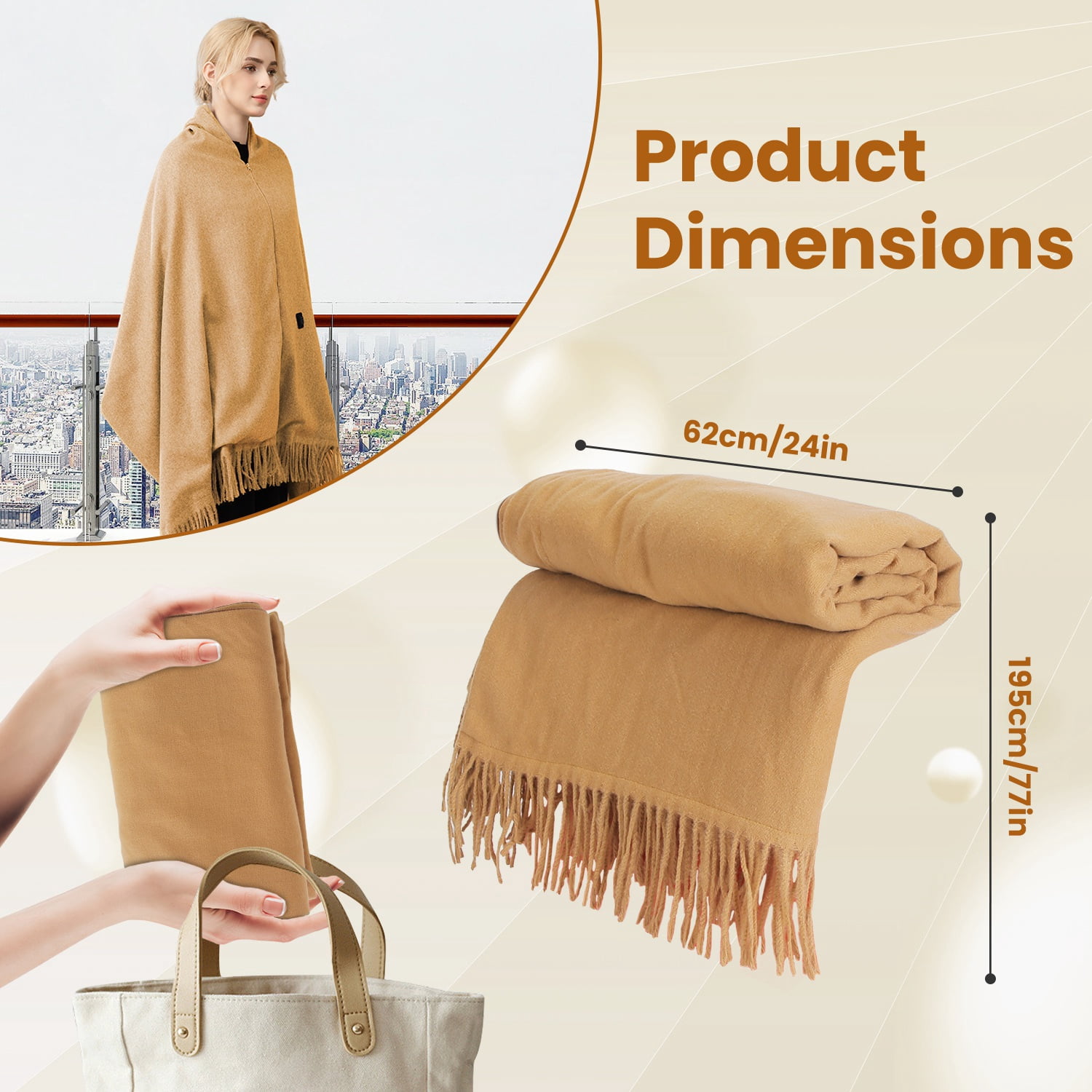 77"x24" Electric Heated Throw Blanket Portable USB Heated Shawl Wearable Heating Blanket with Zipper 3 Heating Levels Machine Washable Grey