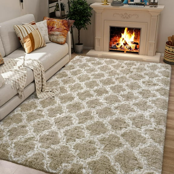 Lochas Shag Area Rug Geometric Plush Fluffy Rugs Soft Moroccan Carpet for Bedroom Living Room Floor Mat Home Decor,8x10ft,Beige/White