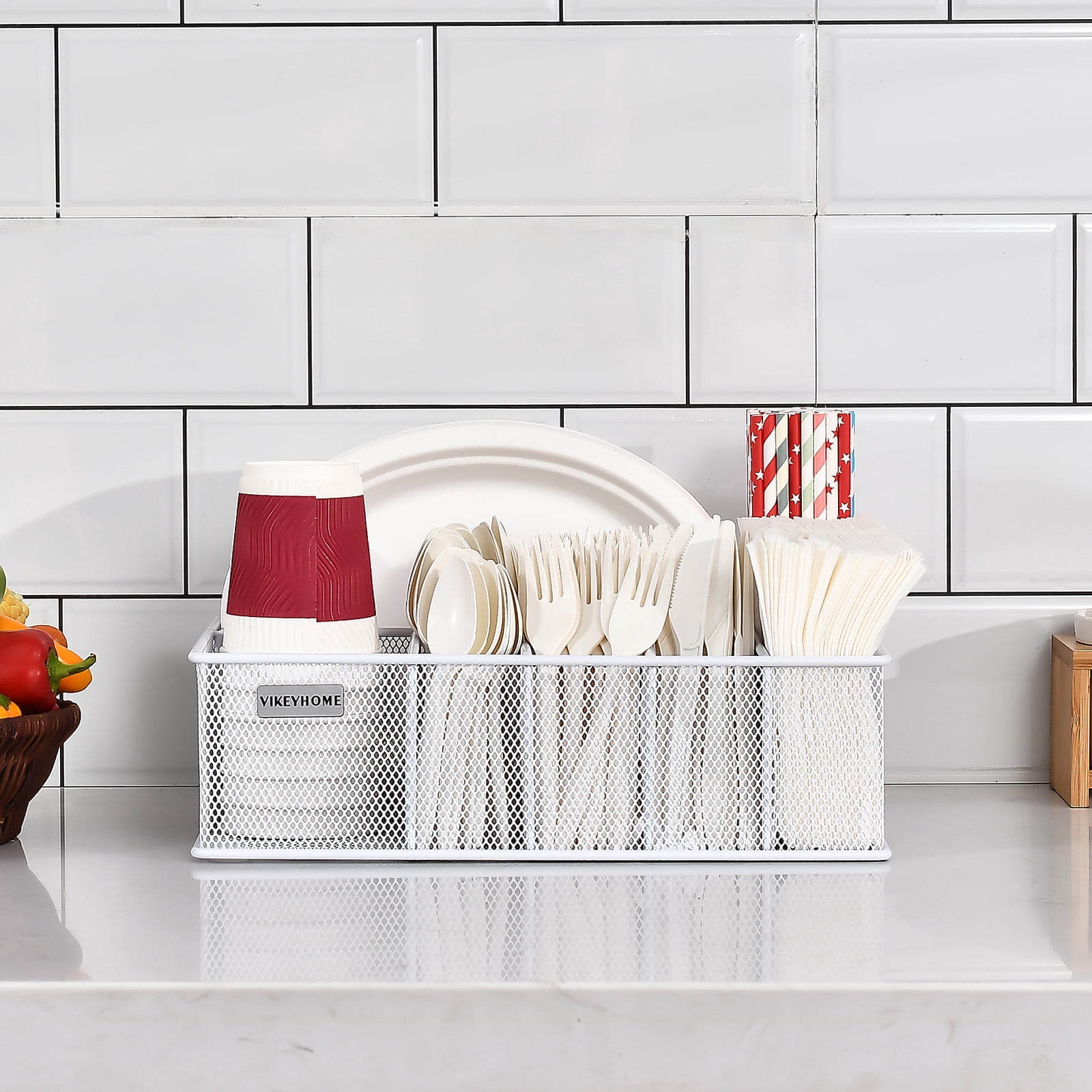 Paper Plate Organizer for Countertop, Metal Silverware Caddy with 6 Compartments for Plate, Cup, Napkin, Paper Plate and Utensil Holder Caddy for Party, Camping, Picnic