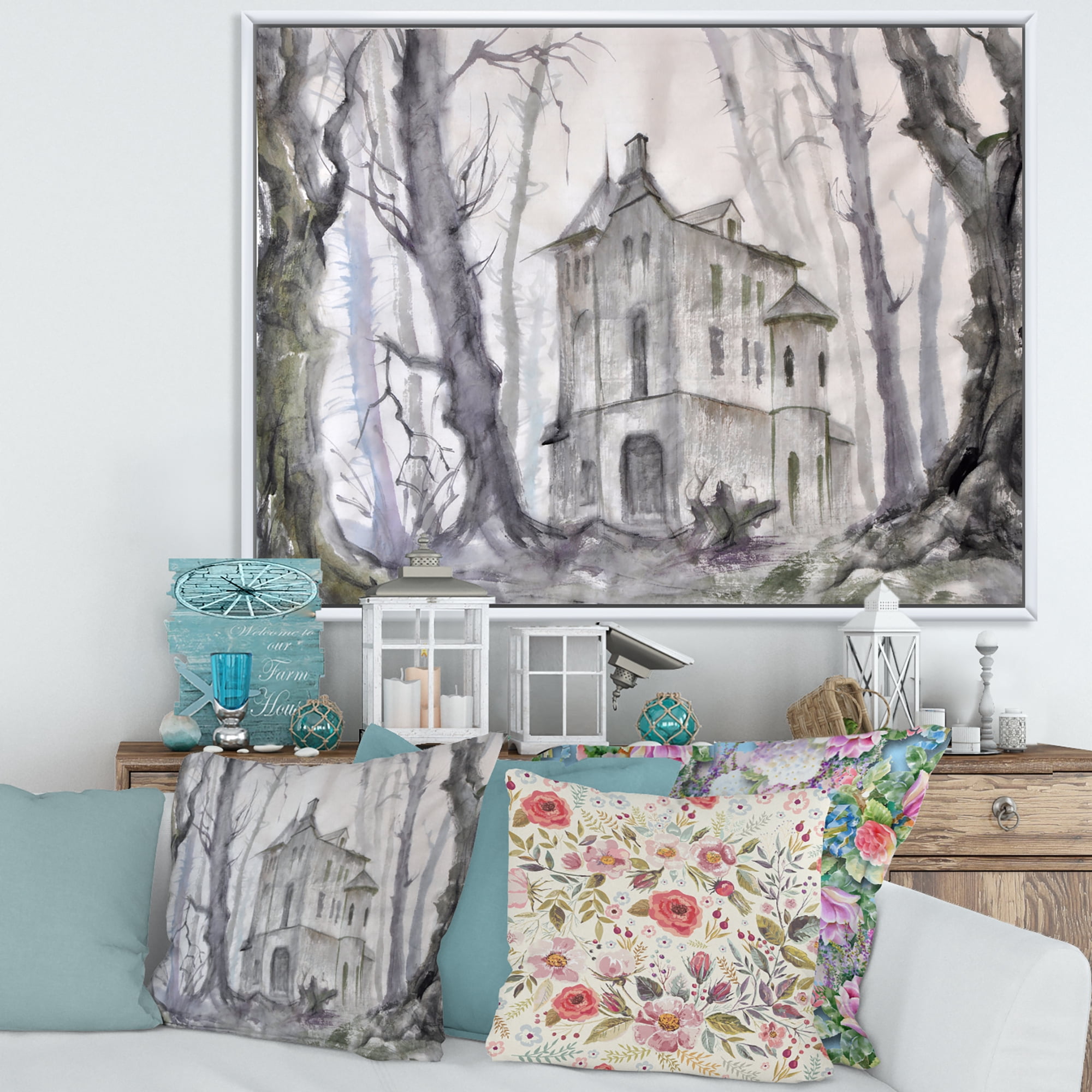 Designart 'Old Haunted Castle In The Woods' Traditional Framed Canvas Wall Art Print