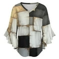 thumbnail image 5 of Geometric Abstract Art Gray Black Gold Retro Women's V-Neck Blouse With 3/4 Ruffled Bell Sleeves Casual Top Ladies Blouses, 5 of 7