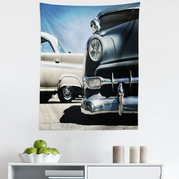 Vintage Tapestry, American Classic Old Style Fifties Auto Wheels Transportation History Art Print, Fabric Wall Hanging Decor for Bedroom Living Room Dorm, 5 Sizes, Blue Beige, by Ambesonne