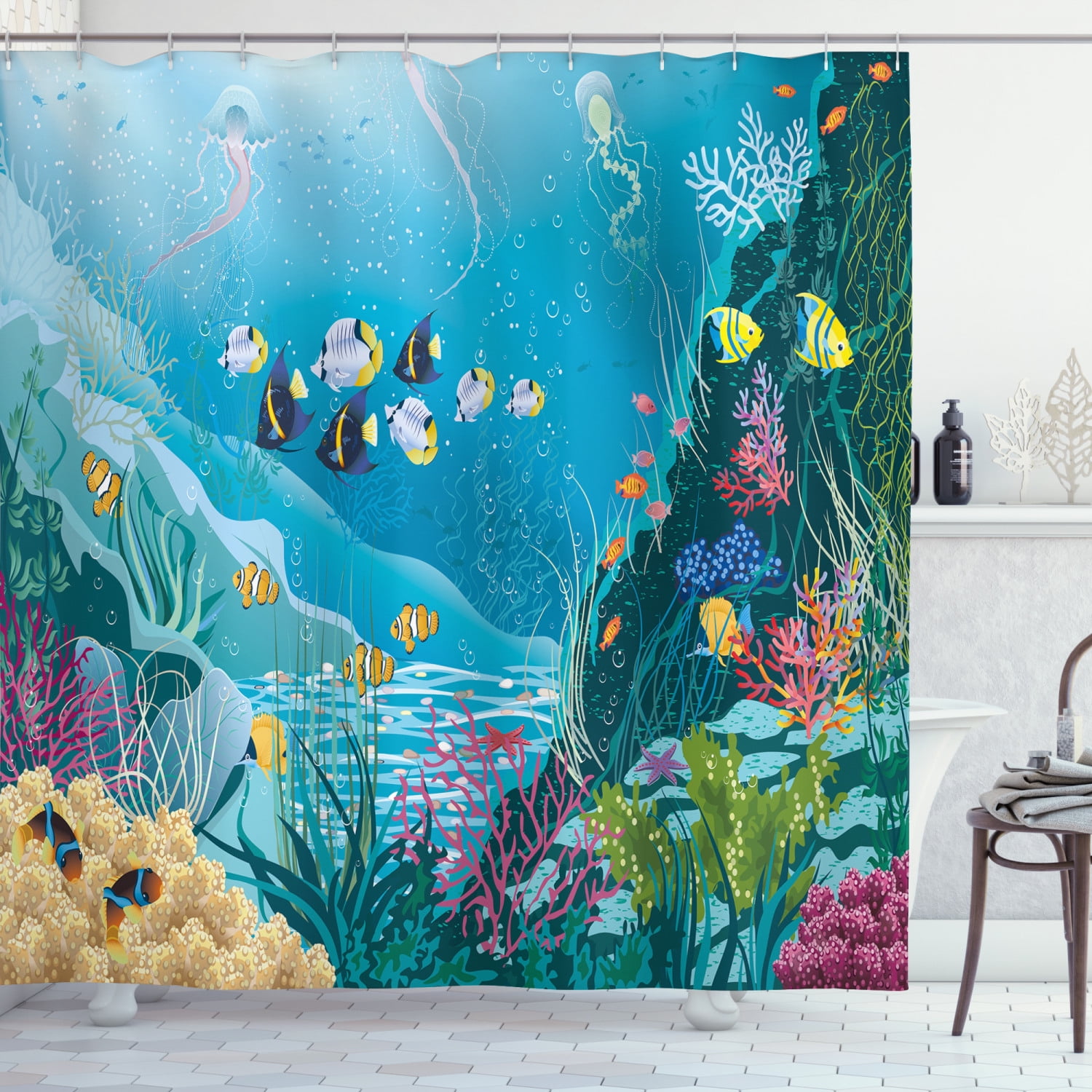 Undersea Tropical Fish Shower Curtain Liner Bathroom Set Polyester Fabric Hooks 