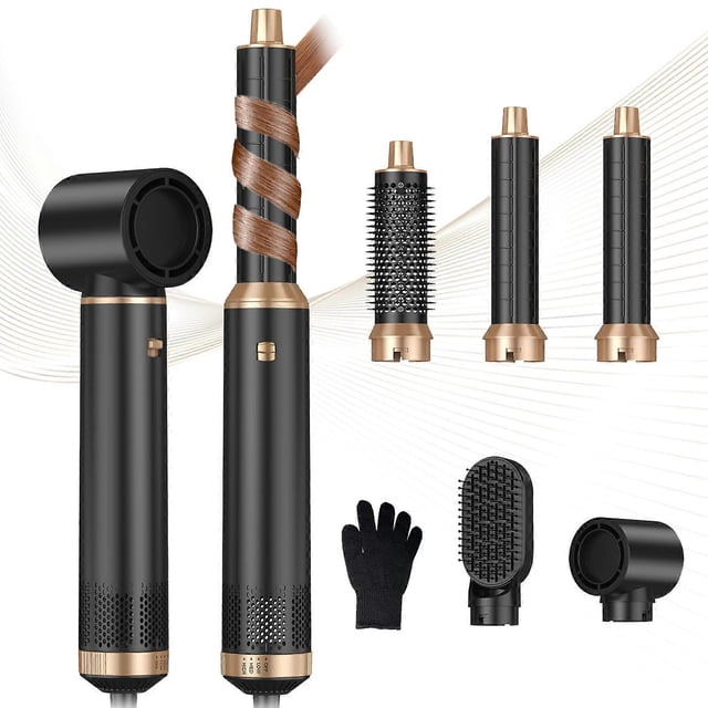 Set de cepillo secador de pelo 5 en 1 con aire caliente, tecnología de iones negativos y modo rizador automático.