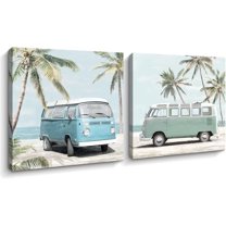 Ocean Beach Theme Wall Art Decor Coastal Tropical Palm Trees Cute Vintage Van Canvas Prints Poster for Living Room Bedroom Bathroom Decoration (Blue set, 12" x 12" x 2)