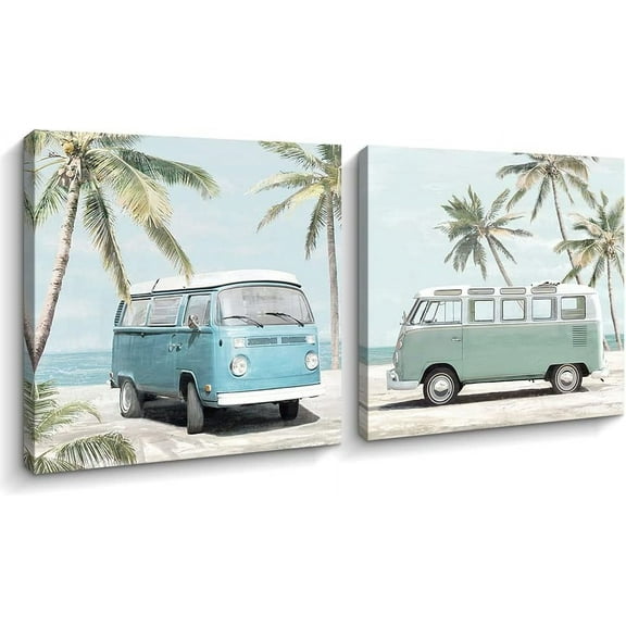 Ocean Beach Theme Wall Art Decor Coastal Tropical Palm Trees Cute Vintage Van Canvas Prints Poster for Living Room Bedroom Bathroom Decoration (Blue set, 12" x 12" x 2)