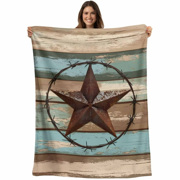 Flannel Fleece Throw Blanket Western Star Farm Wood Board Lightweight Soft Plush Blankets,Country Wooden Grain Cozy Warm Throw Blanket for Couch Sofa Bed Car Office All Season Use 40x50in