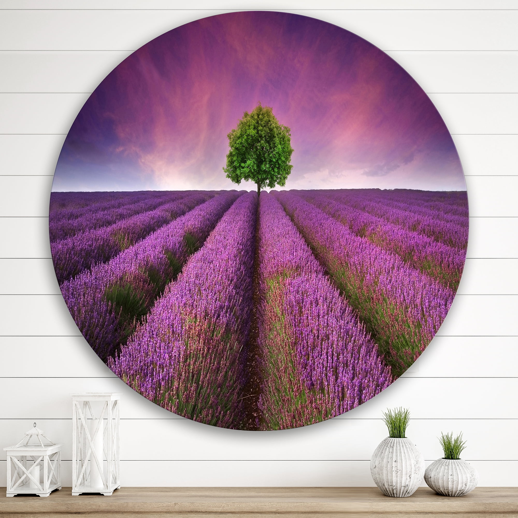 Designart 'Tree With Stunning Lavender Field Summer Sunset' Farmhouse Circle Metal Wall Art 29x29 - Disc of 29