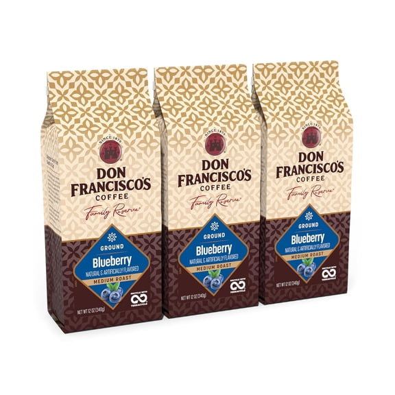 Don Francisco's Premium Blueberry Flavored Ground Coffee: 100% Arabica Beans, Rich Aroma, Perfect for Drip, Pour-Over, and French Press (3 X 12 oz Bag)