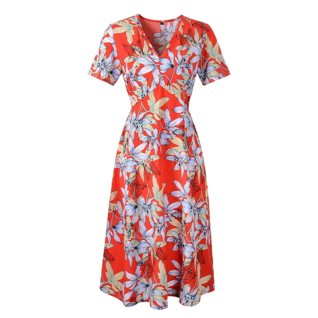 Pompotops Femmes Casual Imprimé Floral Bohème V-Cou une Ligne Imprimé Robe à Manches Courtes