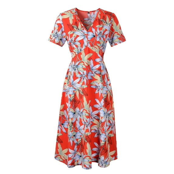 HTNBO Summer Dresses for Women 2023 Floral Print Short Sleeve V Neck Bohemian Casual Mini Dress Red M
