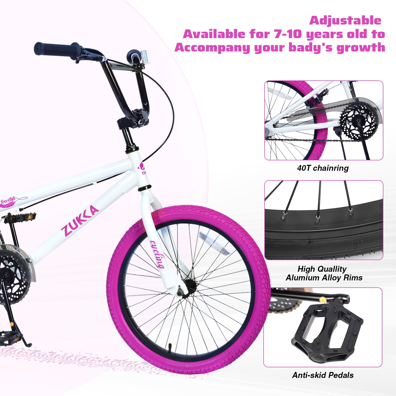 Aukfa 20 inch Freestyle Kids BMX Bike for Boys & Girls,Single Speed Bicycle with Rear Caliper Brake,White