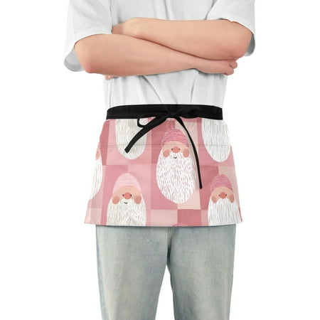 Christmas Santa Faces Pink Plaids Short Server Apron with 3 Pockets for Unisex Chef Gardening