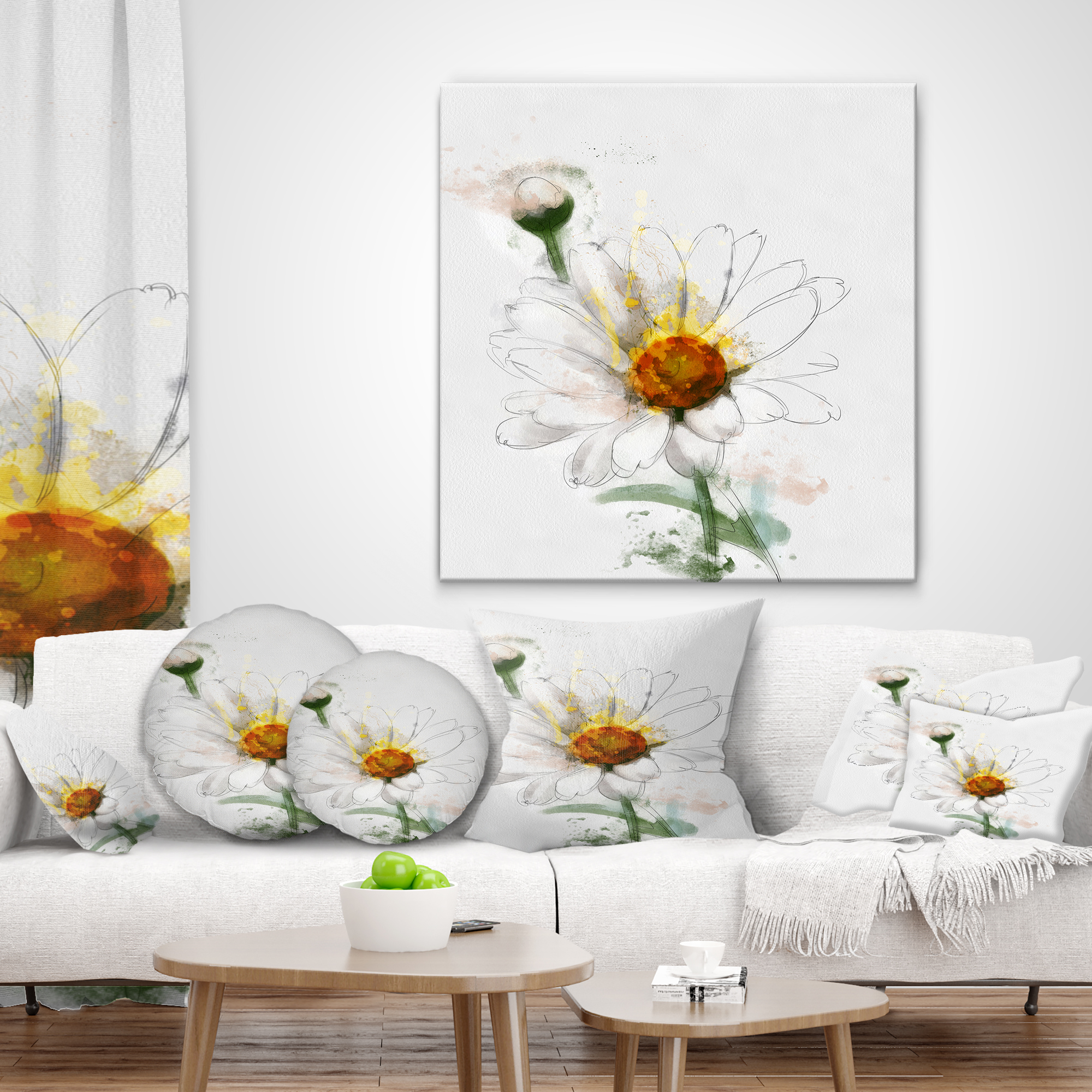 Designart Hand drawn Watercolor Chamomile - Floral Throw Pillow - 18x18
