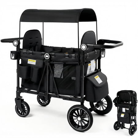 LINLUX 2 Kids Wagon Stroller, Foldable Outdoor 2-Seat Stroller Wagon, Removable Canopy, 55 Pound, Black