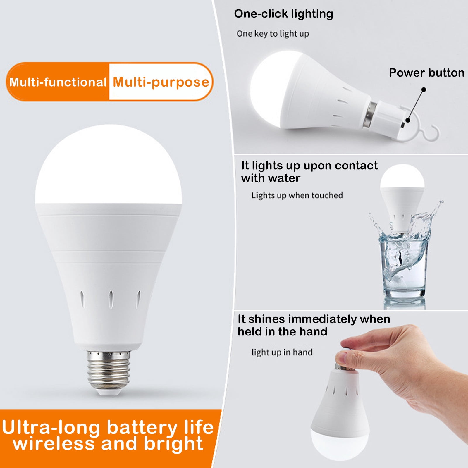2 Pack Rechargeable Emergency Light Bulbs Battery Powered LED Light Bulb E26 12W 60W Equivalent for Home Power Outage Camping