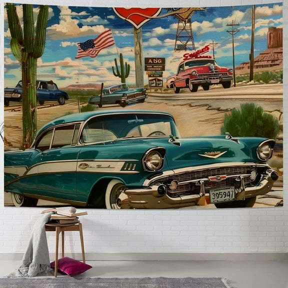BCIIG Route 66 Car Motorcycle Tapestry Wall Hanging Unique Style Graphic Tapestries Home Wall Decor Art Living Room Bedroom Apartment Farmhouse Dorm 40x30inch